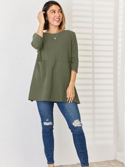 Pocketed Round Neck Half Sleeve Blouse BLUE ZONE PLANET