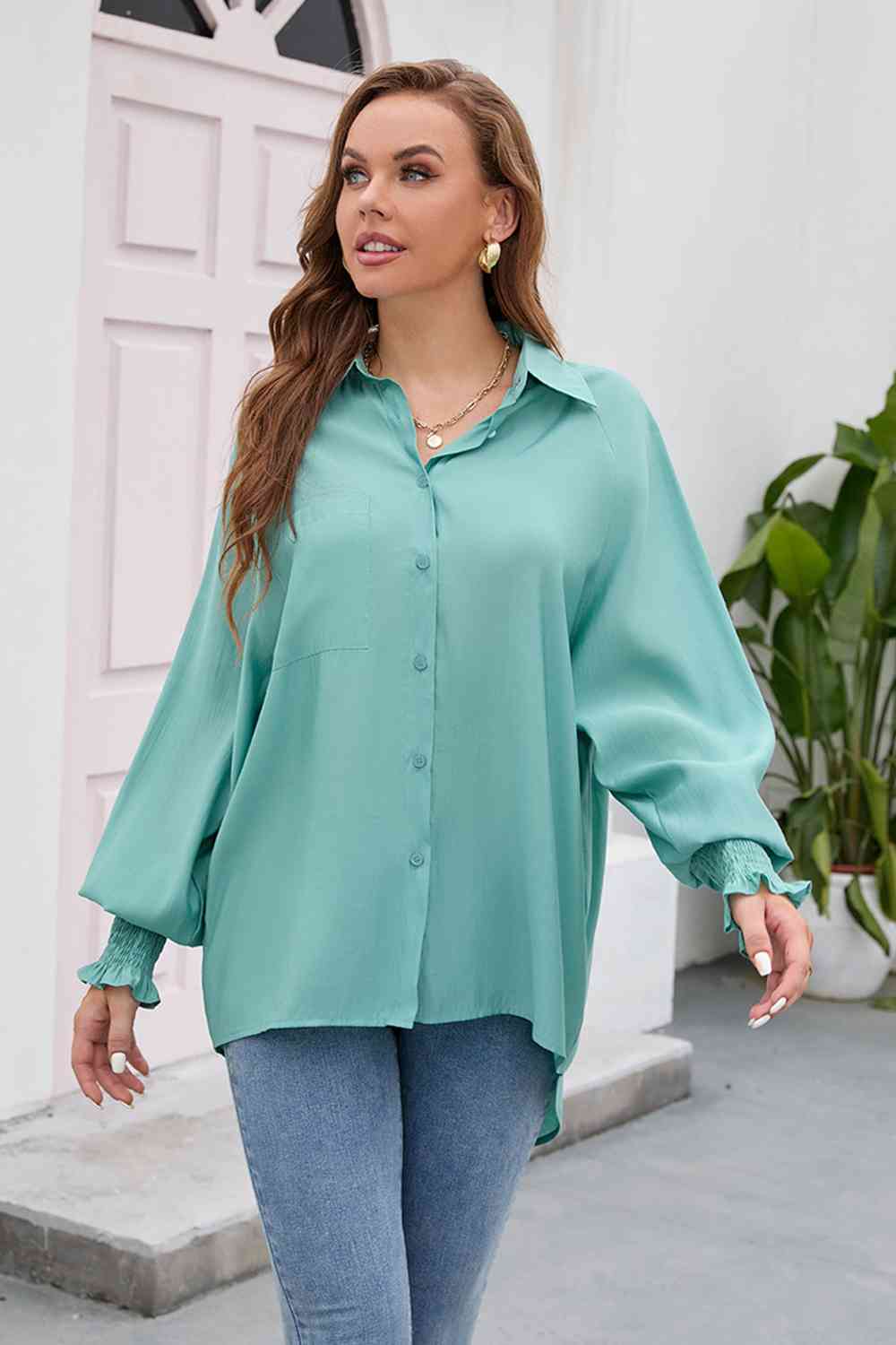 High-Low Collared Neck Lantern Sleeve Shirt BLUE ZONE PLANET