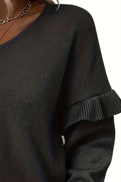 V-Neck Ruffle Trim Long Sleeve Sweater Trendsi