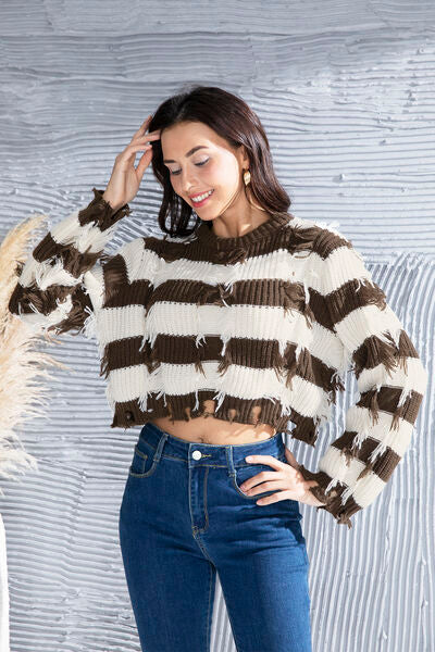 Striped Fringe Round Neck Sweater-TOPS / DRESSES-[Adult]-[Female]-2022 Online Blue Zone Planet