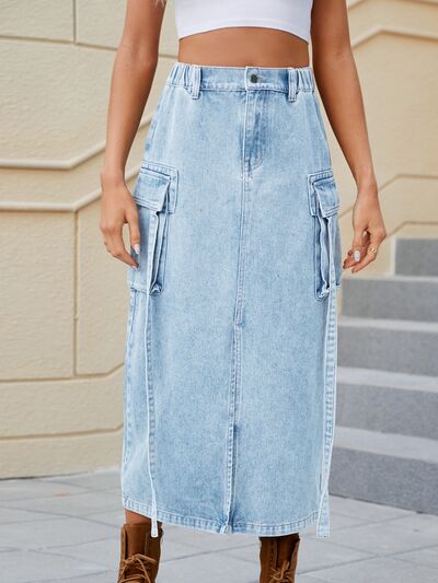 Blue Zone Planet |  Slit Pocketed High Waist Denim Skirt BLUE ZONE PLANET