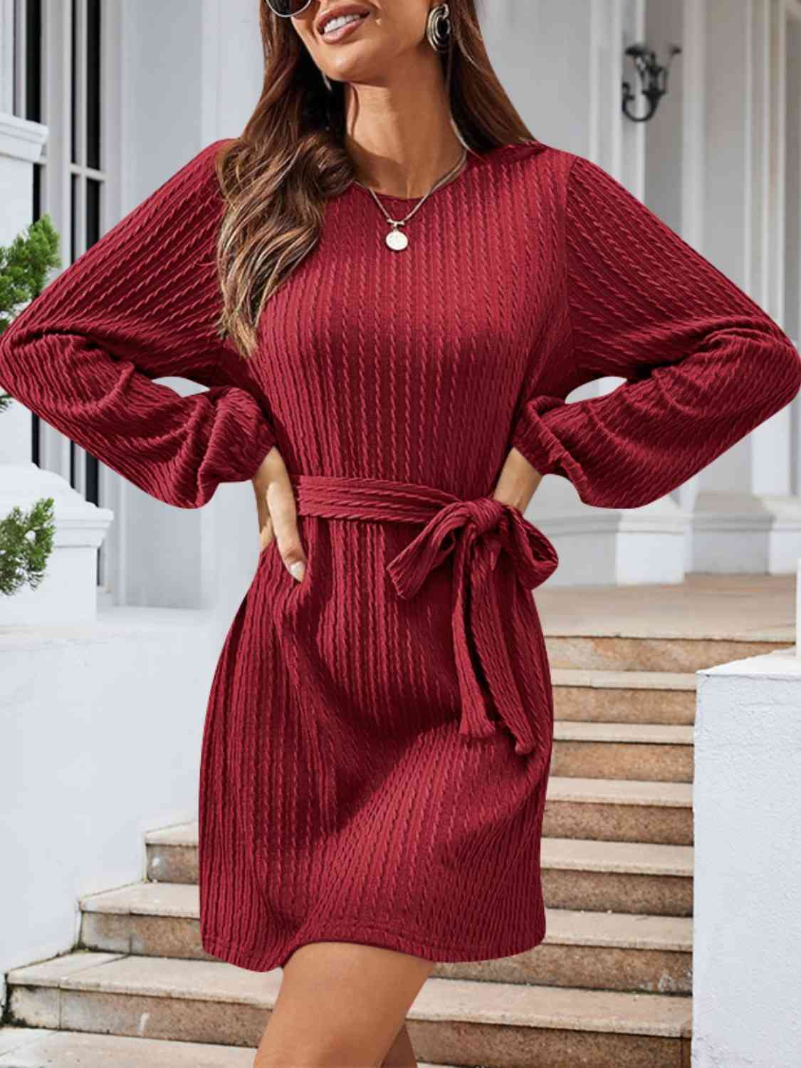 Round Neck Tie Front Long Sleeve Dress BLUE ZONE PLANET