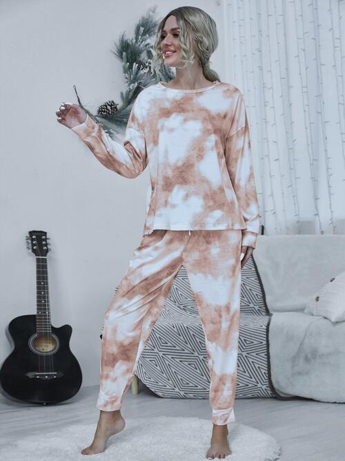 Tie-dye Round Neck Top and Drawstring Pants Lounge Set BLUE ZONE PLANET