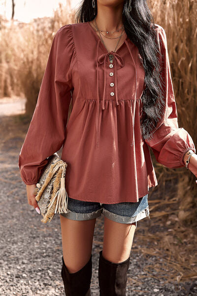 Tied Decorative Button Balloon Sleeve Blouse-TOPS / DRESSES-[Adult]-[Female]-Brick Red-S-2022 Online Blue Zone Planet
