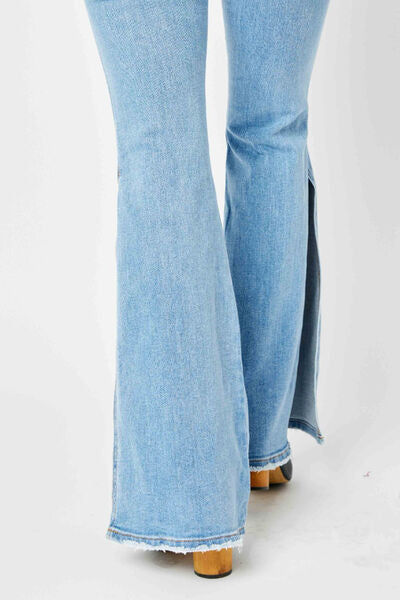 Blue Zone Planet |  Judy Blue Full Size Mid Rise Raw Hem Slit Flare Jeans BLUE ZONE PLANET