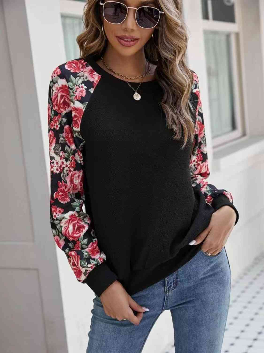 Floral Raglan Sleeve Round Neck Sweatshirt BLUE ZONE PLANET