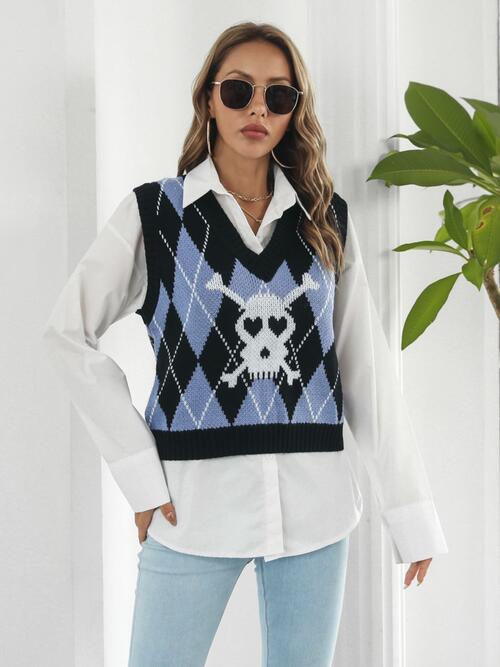 Skull Geometric V-Neck Sweater Vest BLUE ZONE PLANET