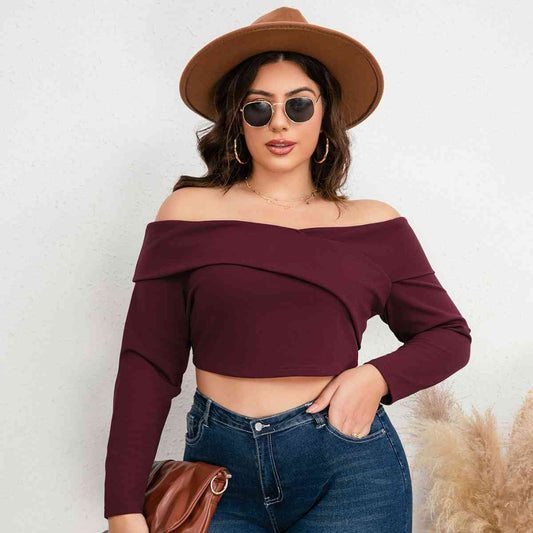 Plus Size Off-Shoulder Long Sleeve Cropped Top BLUE ZONE PLANET