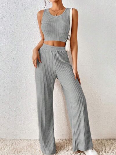 Ribbed Round Neck Tank and Pants Sweater Set Trendsi