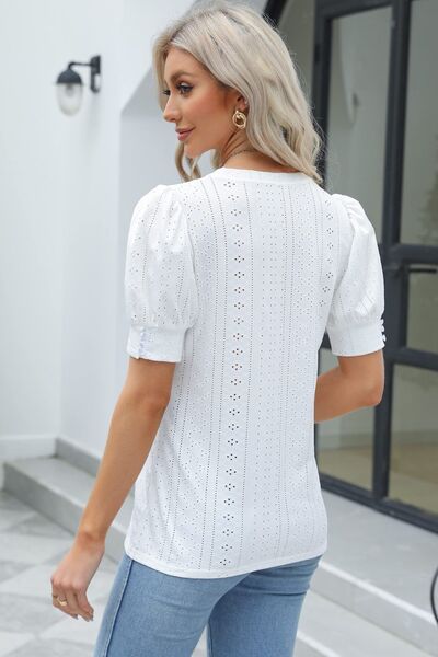 Openwork Round Neck Short Sleeve Blouse Trendsi