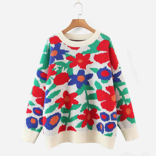 Floral Round Neck Drop Shoulder Sweater BLUE ZONE PLANET