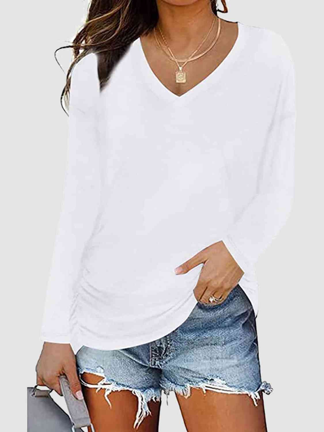 Ruched V-Neck Long Sleeve T-Shirt BLUE ZONE PLANET