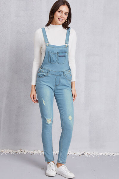 Blue Zone Planet |  Distressed Washed Denim Overalls with Pockets BLUE ZONE PLANET