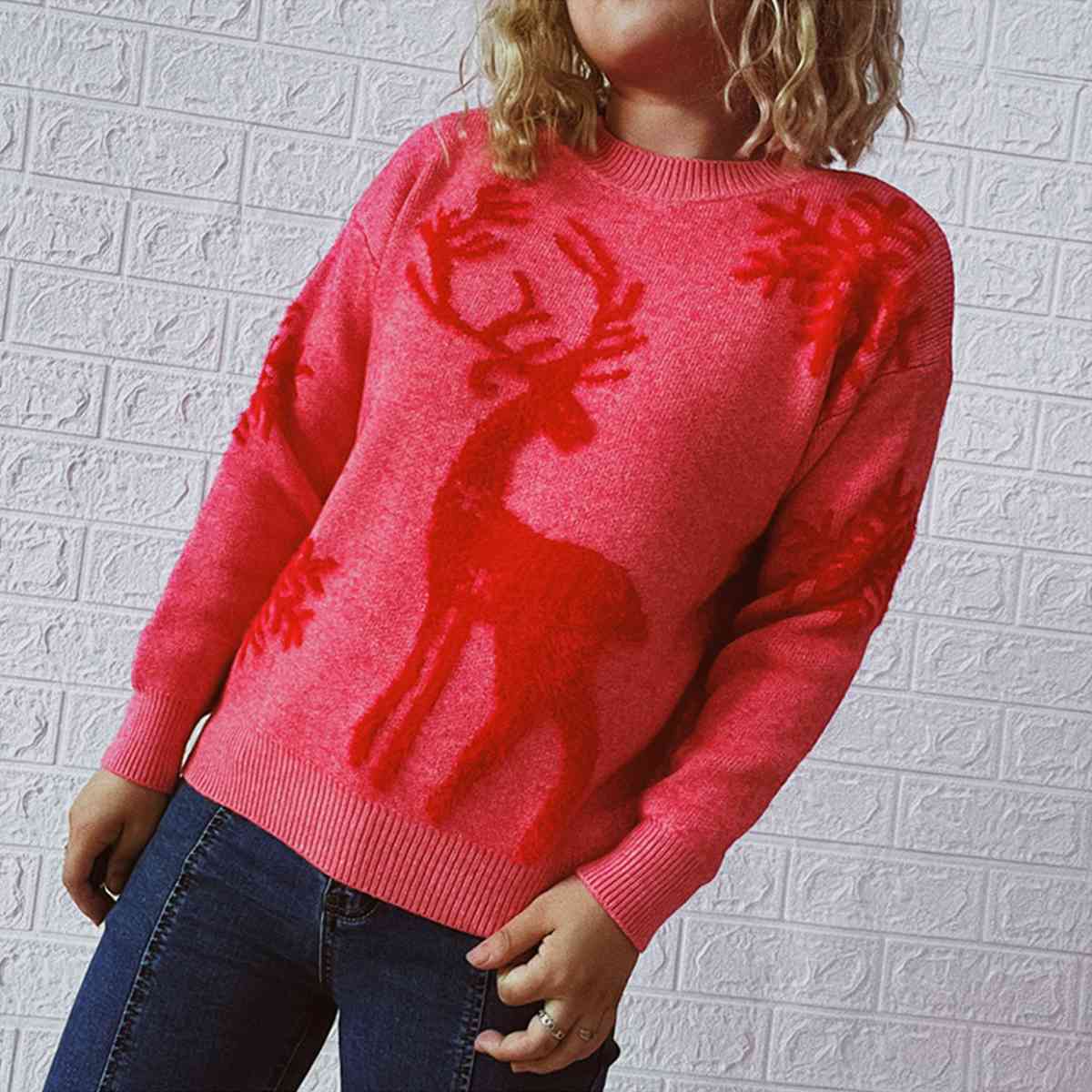 Reindeer and Snowflake Pattern Sweater BLUE ZONE PLANET