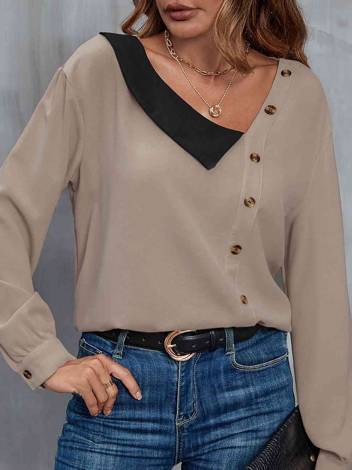 Asymmetrical Neck Buttoned Long Sleeve Top BLUE ZONE PLANET