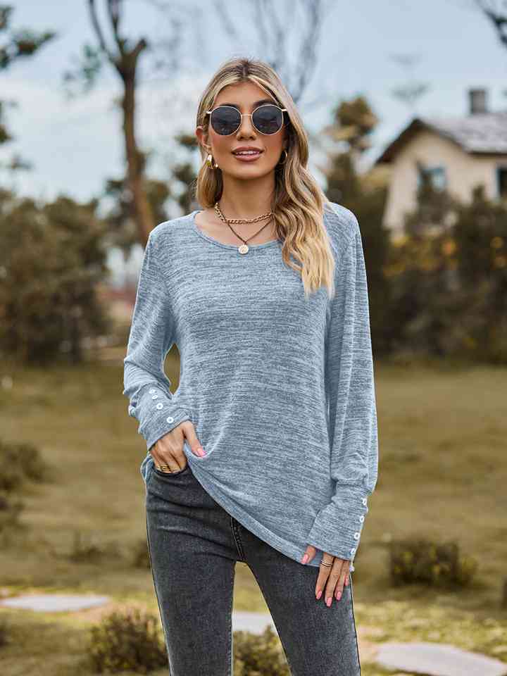 Round Neck Long Sleeve Buttoned T-Shirt BLUE ZONE PLANET