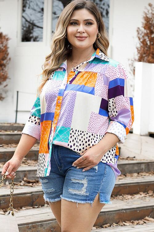 Plus Size Color Block Button Up Collared Neck Shirt BLUE ZONE PLANET