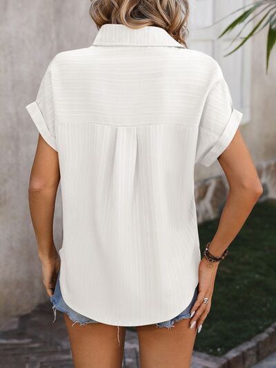 Textured Button Up Cap Sleeve Shirt Trendsi