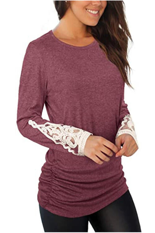 Lace Detail Long Sleeve Round Neck T-Shirt BLUE ZONE PLANET