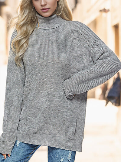 Turtleneck Drop Shoulder Long Sleeve Sweater BLUE ZONE PLANET