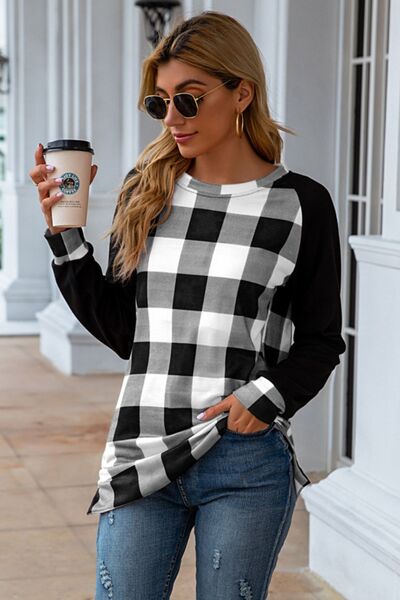 Plaid Round Neck Long Sleeve T-Shirt-TOPS / DRESSES-[Adult]-[Female]-2022 Online Blue Zone Planet