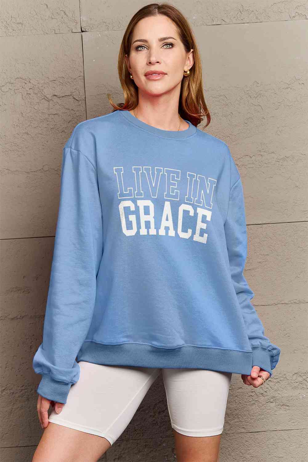 Simply Love Full Size LIVE IN GRACE Graphic Sweatshirt BLUE ZONE PLANET