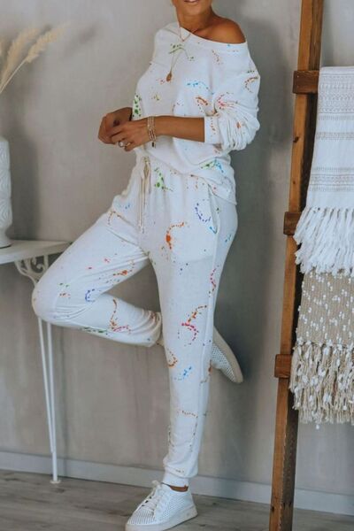 Blue Zone Planet |  Splatter Print Round Neck Top and Drawstring Pants Set BLUE ZONE PLANET