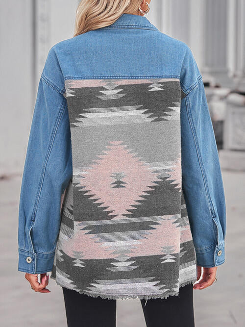 Geometric Raw Hem Button Up Denim Jacket BLUE ZONE PLANET