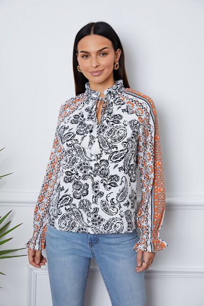 Tassel Tie Neck Printed Smocked Long Sleeve Blouse Trendsi