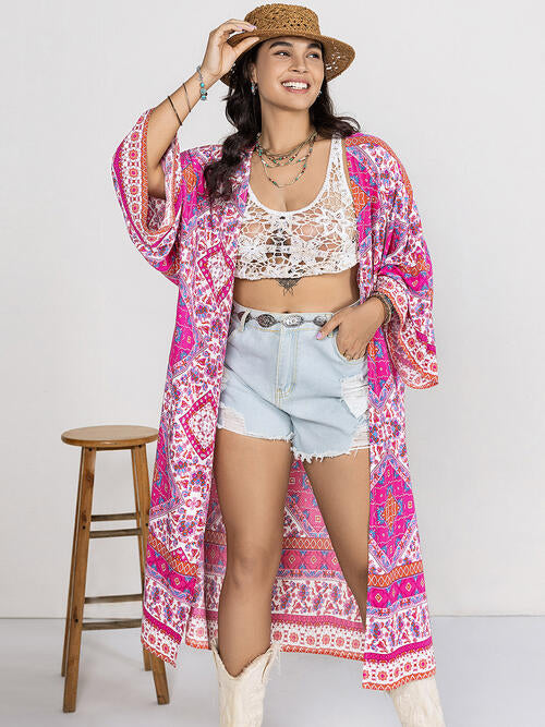 Double Take Plus Size Printed Open Front Longline Cardigan BLUE ZONE PLANET