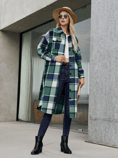 Blue Zone Planet |  Plaid Pocketed Button Up Trench Coat BLUE ZONE PLANET