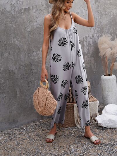 Printed Spaghetti Strap Jumpsuit with Pockets Trendsi