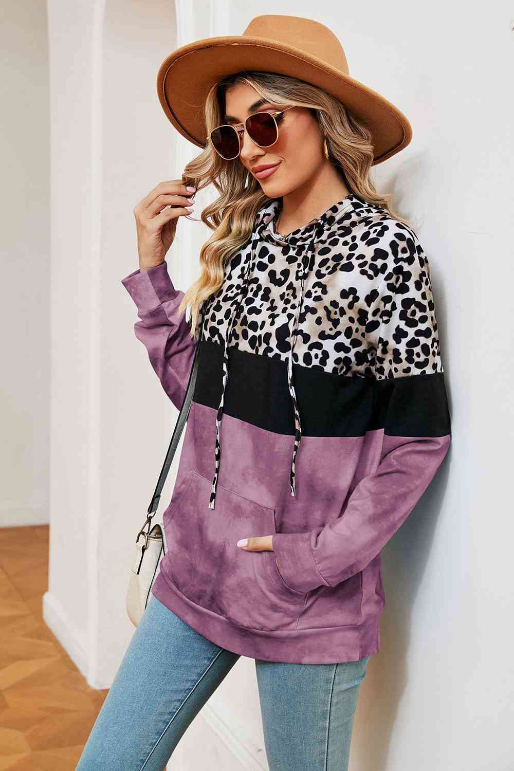 Leopard Drawstring Hoodie with Pocket BLUE ZONE PLANET