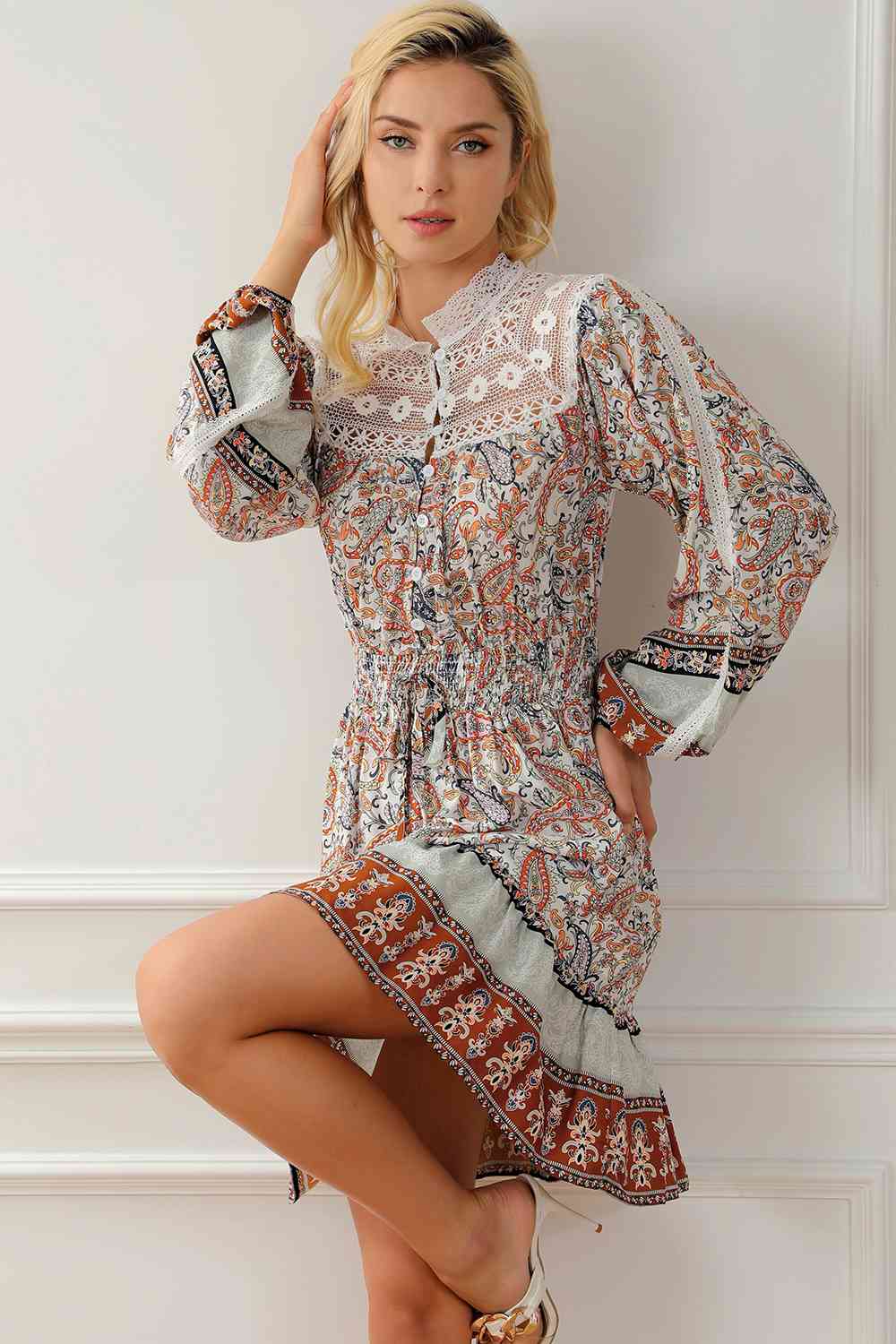 Printed Lace Detail Balloon Sleeve Dress BLUE ZONE PLANET