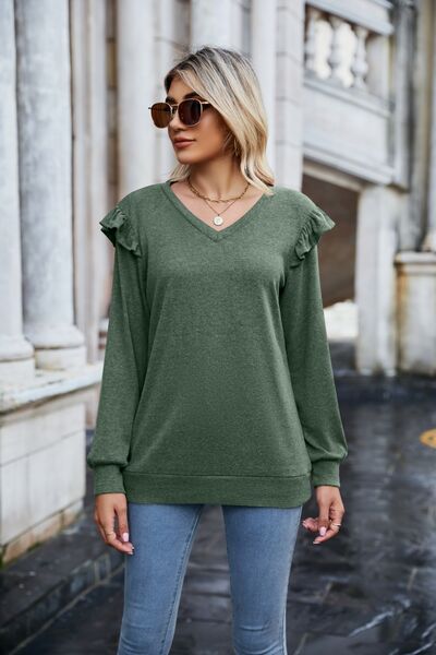 Ruffled Heathered V-Neck Long Sleeve T-Shirt Trendsi