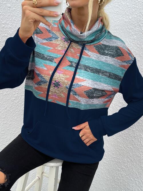 Geometric Drawstring Long-Sleeve Sweatshirt BLUE ZONE PLANET