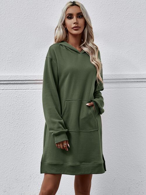 Slit Long Sleeve Hooded Dress with Pocket BLUE ZONE PLANET