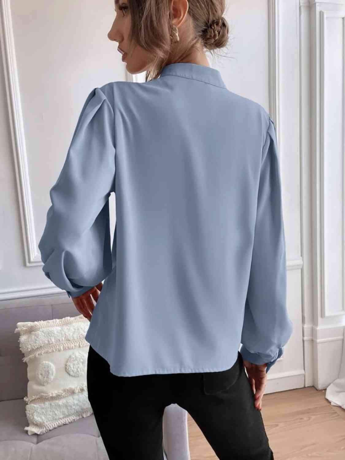 Mock Neck Button Front Shirt BLUE ZONE PLANET