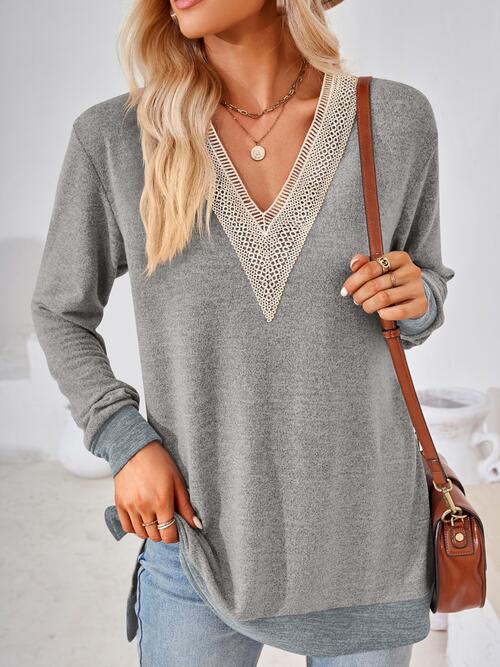 Crochet Contrast V-Neck Long Sleeve Slit T-Shirt BLUE ZONE PLANET