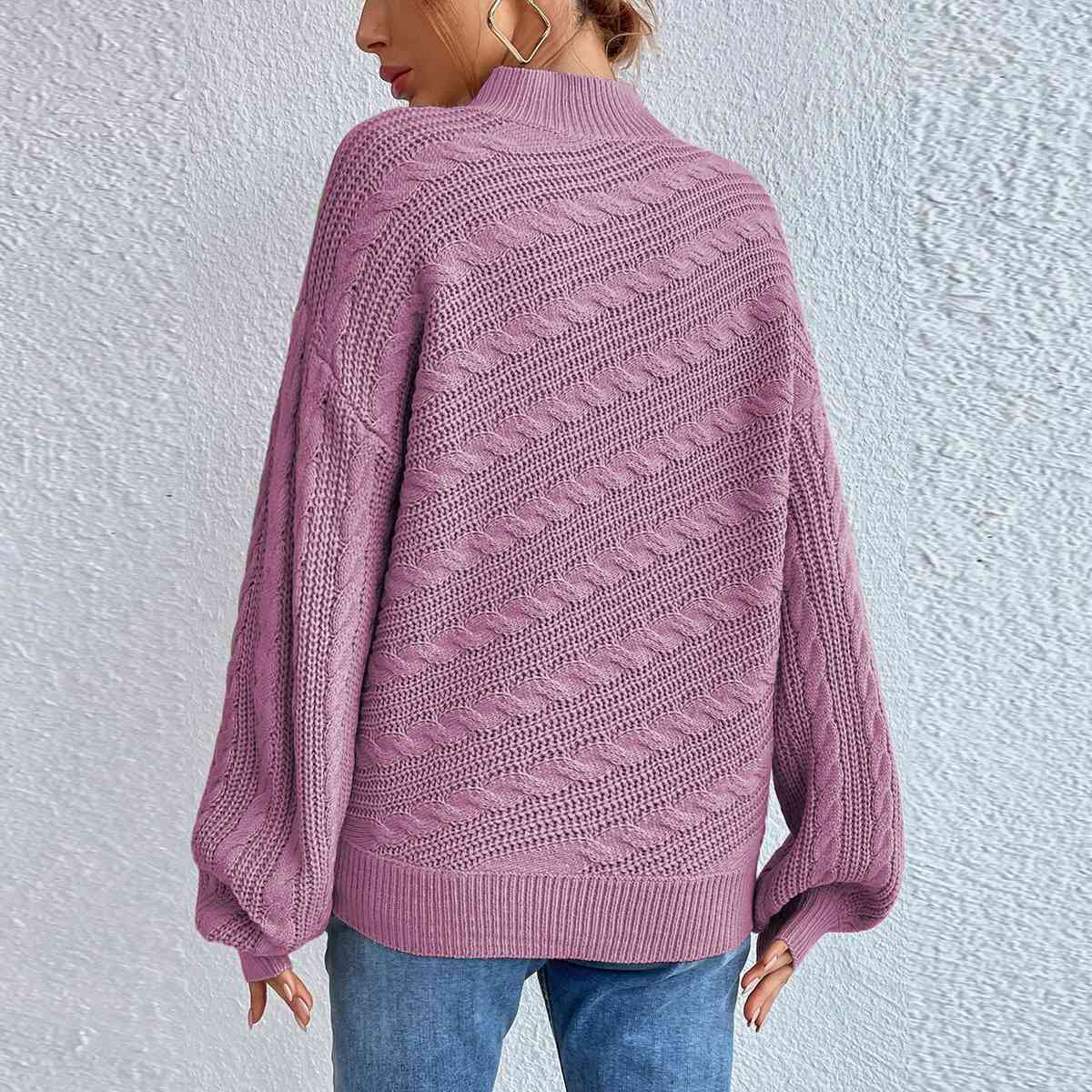 Cable-Knit Mock Neck  Long Sleeve Sweater BLUE ZONE PLANET