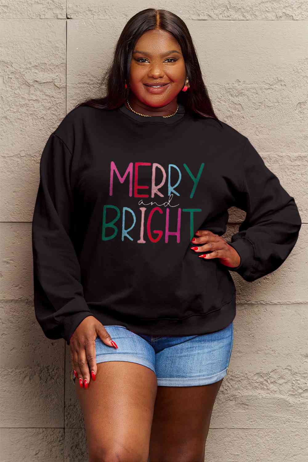 Simply Love Full Size MERRY AND BRIGHT Graphic Sweatshirt BLUE ZONE PLANET