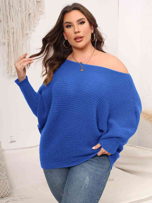 Full Size Boat Neck Batwing Sleeve Sweater BLUE ZONE PLANET