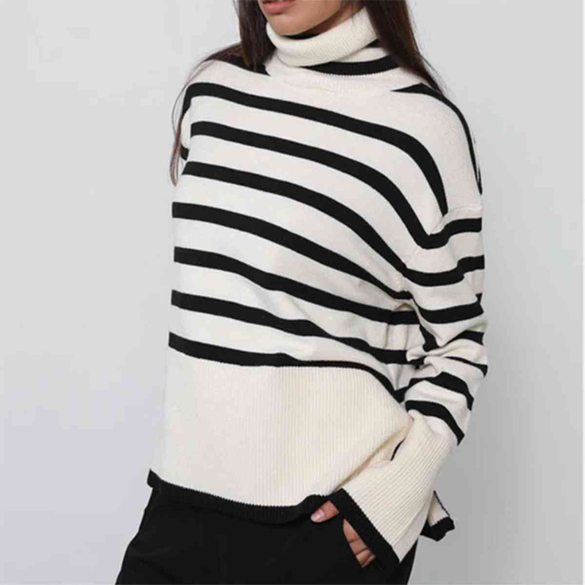 Striped Turtleneck Flare Sleeve Sweater BLUE ZONE PLANET