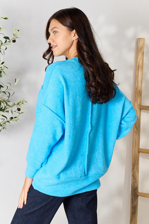 Zenana Round Neck Long Sleeve Sweater with Pocket BLUE ZONE PLANET
