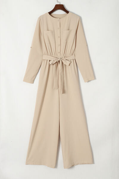 Pocketed Tied Wide Leg Jumpsuit Trendsi