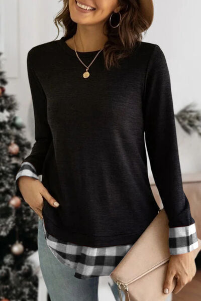 Plaid Round Neck Long Sleeve T-Shirt Trendsi