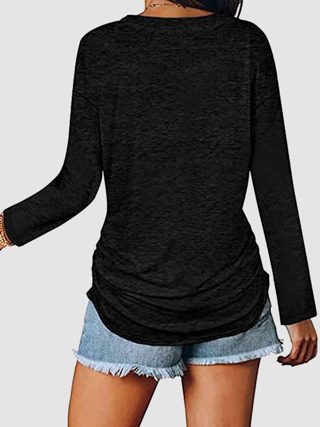 Ruched V-Neck Long Sleeve T-Shirt BLUE ZONE PLANET