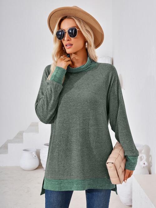 Contrast Mock Neck Long Sleeve T-Shirt BLUE ZONE PLANET