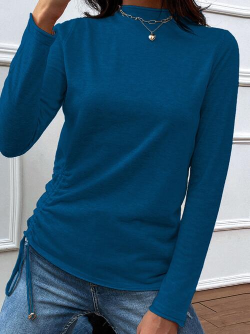 Drawstring Mock Neck Long Sleeve T-Shirt BLUE ZONE PLANET