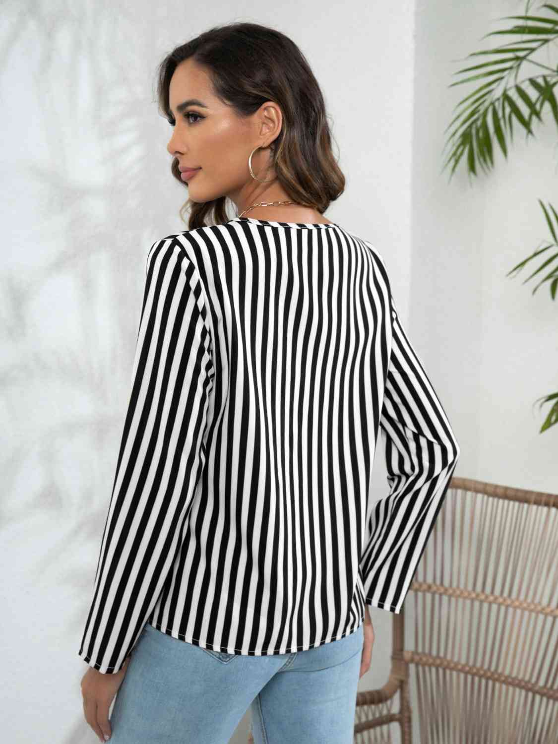 Striped Long Sleeve Notched Blouse BLUE ZONE PLANET